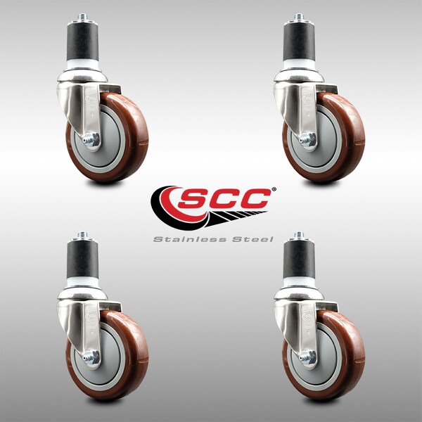 Service Caster 4 Inch 316SS Maroon Polyurethane Swivel 1-7/8 Inch Expanding Stem Caster Set SCC SCC-SS316EX20S414-PPUB-MRN-178-4 - main